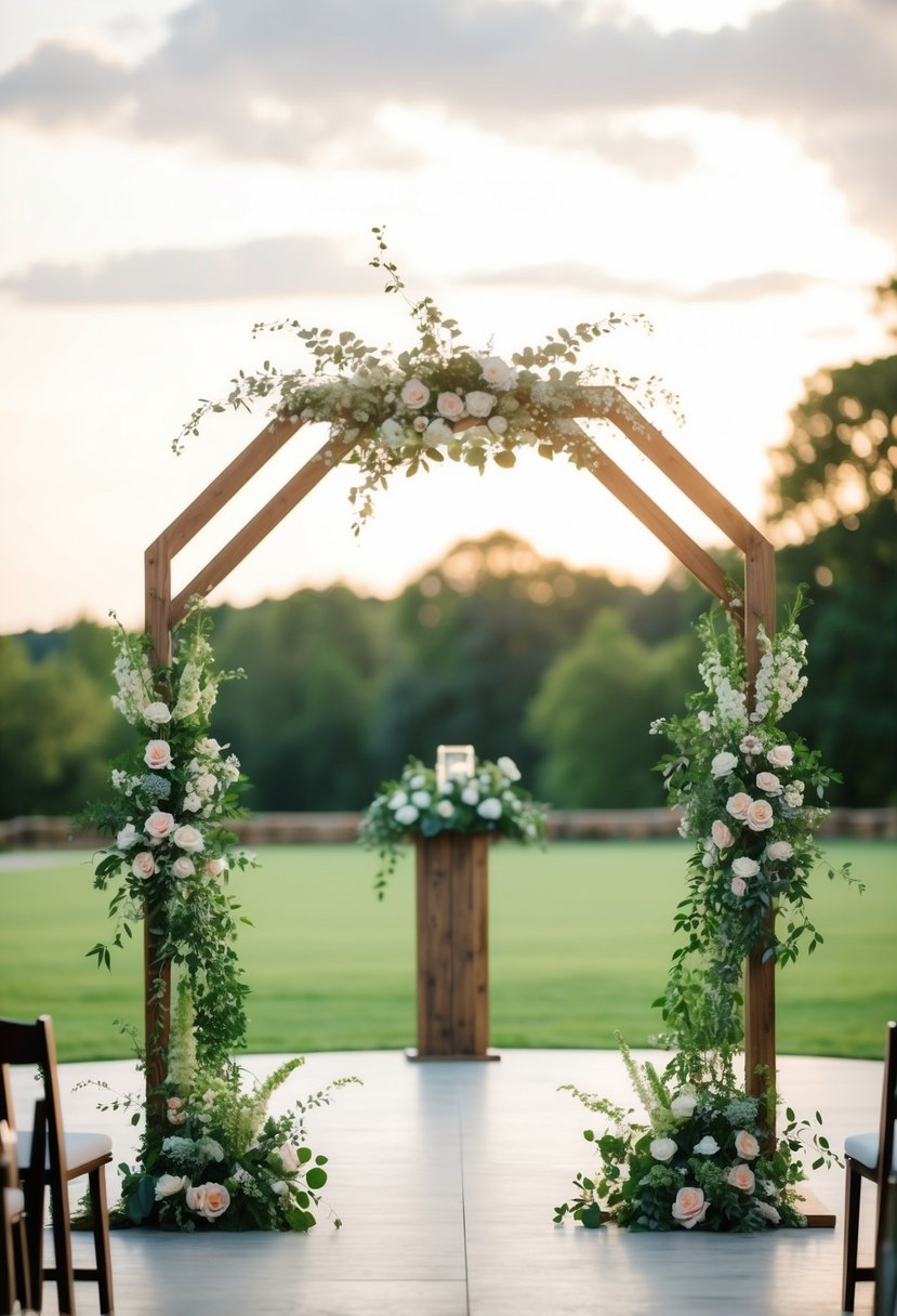 A heptagonal wooden arch stands adorned with flowers and greenery, creating a picturesque wedding altar