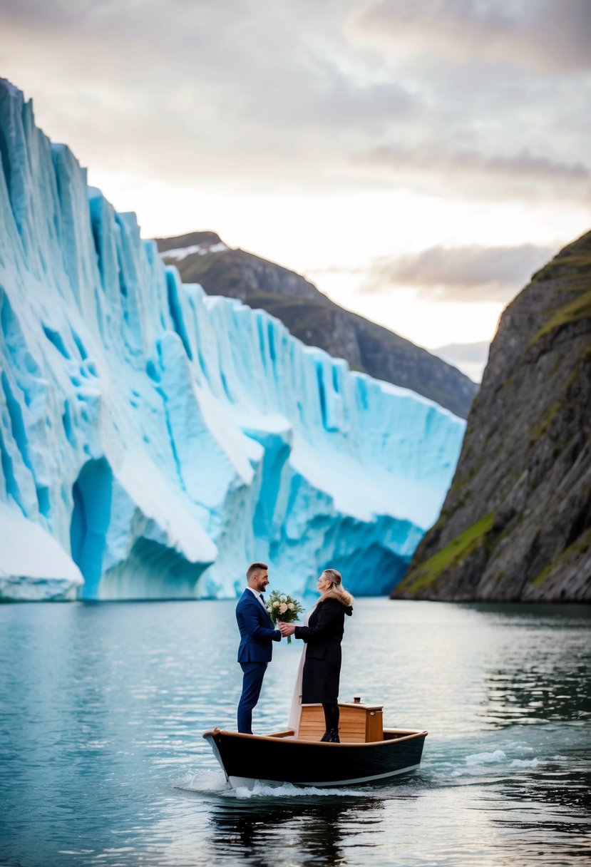 A couple stands on a small boat surrounded by towering ice cliffs and a serene fjord, exchanging vows as they embark on an adventurous wedding ceremony