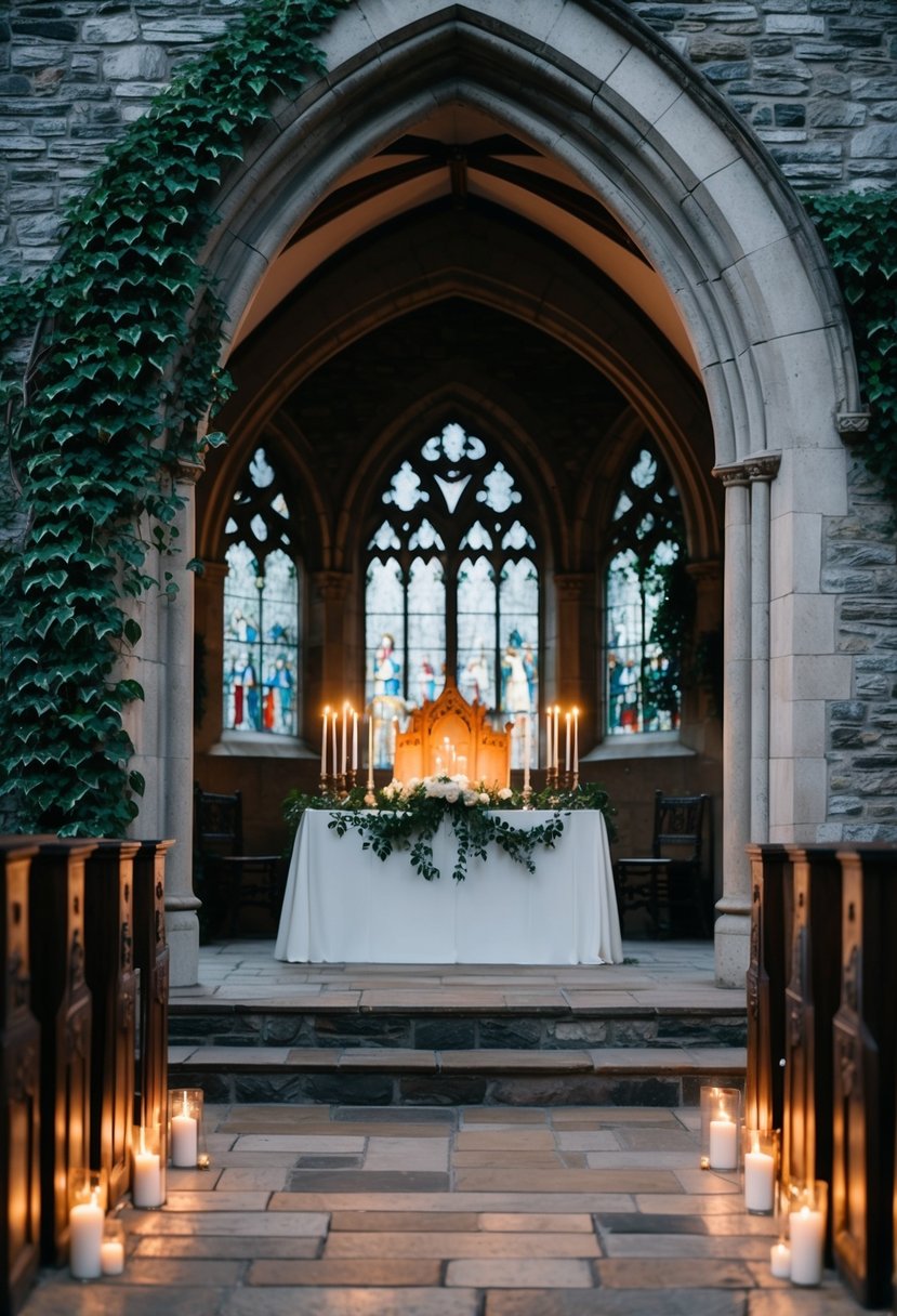 A gothic stone archway frames a wedding altar, adorned with ivy and lit by flickering candles