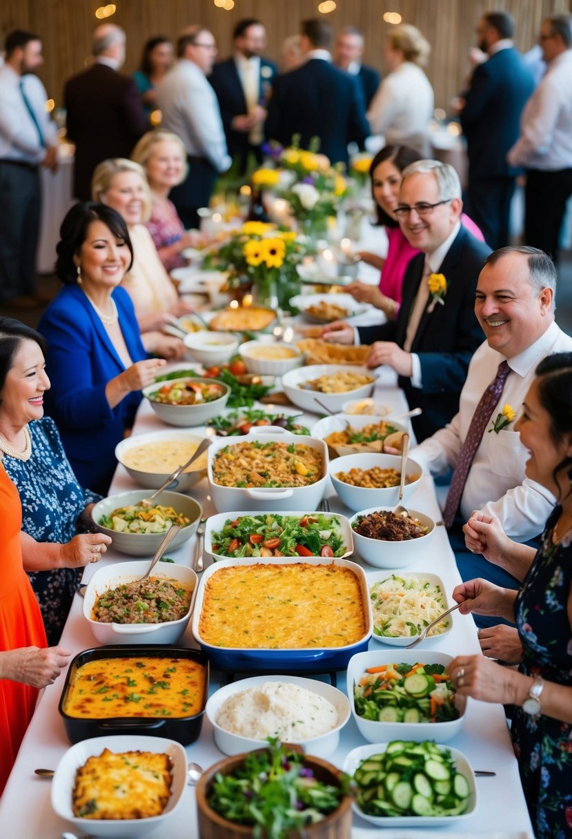 A table filled with a variety of homemade dishes, from casseroles to salads, surrounded by happy guests mingling and enjoying the potluck-style reception