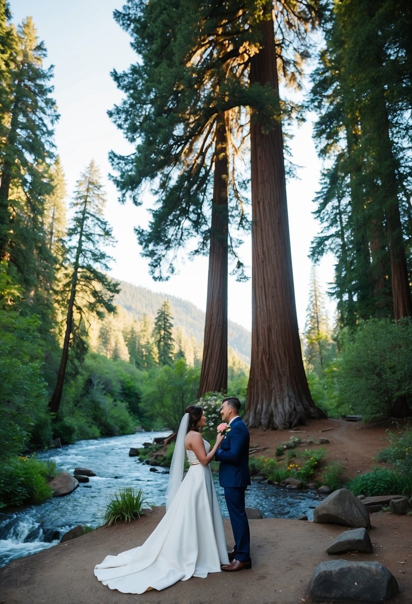 A couple exchanging vows under a majestic redwood tree, surrounded by lush greenery and a flowing river in a national park