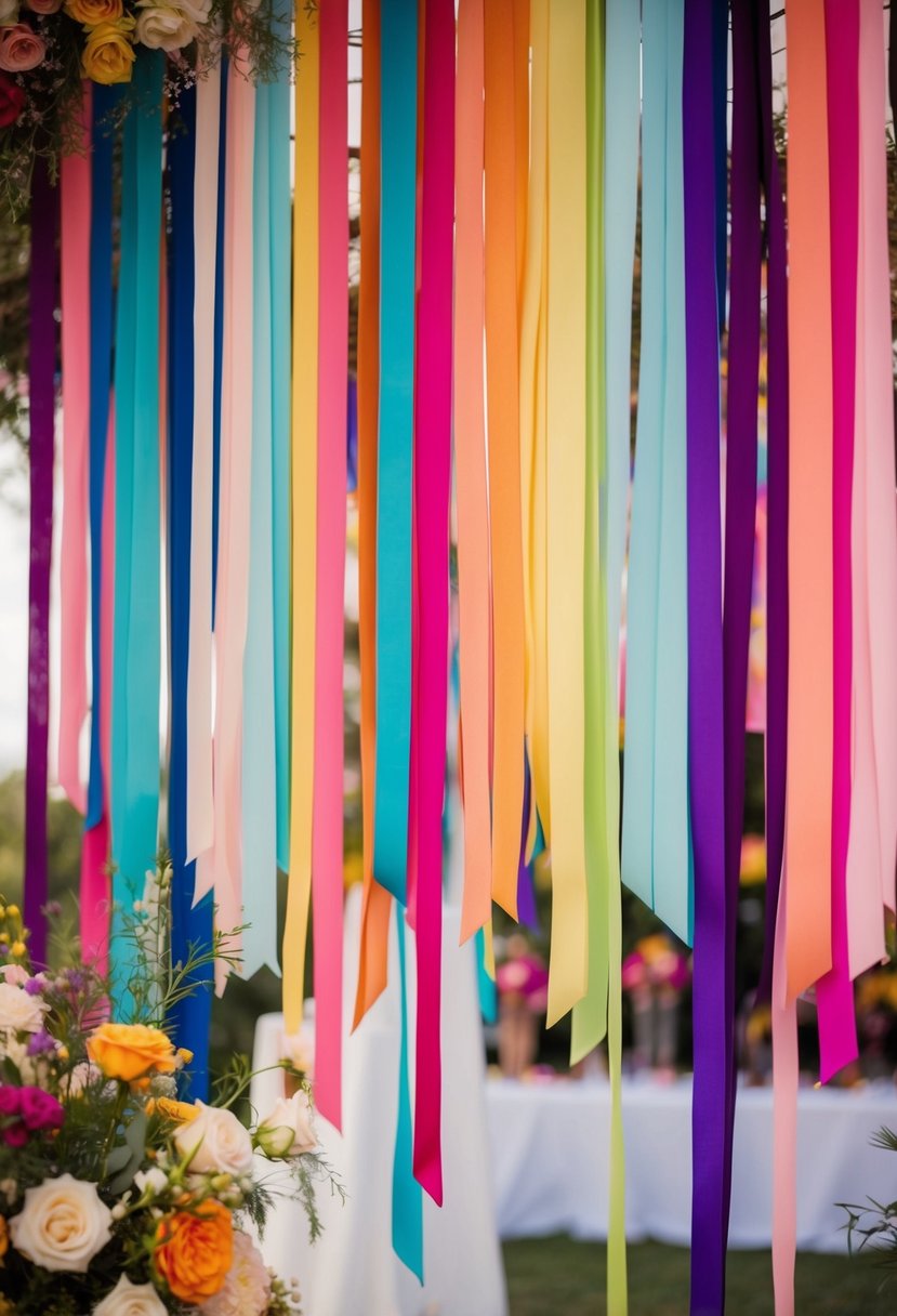 A vibrant array of ribbons cascading from above, creating a colorful and whimsical backdrop for a wedding altar