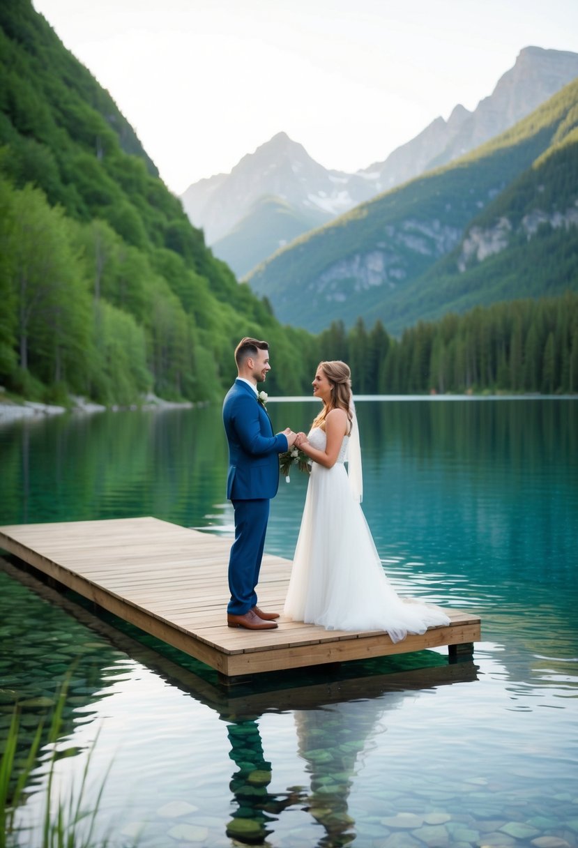 A couple exchanges vows on a wooden dock by a serene, crystal-clear lake surrounded by lush greenery and towering mountains