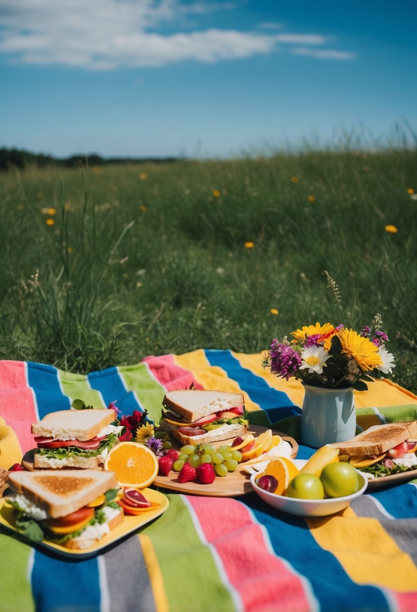 A colorful picnic blanket with a spread of sandwiches, fruits, and flowers set against a backdrop of green grass and blue skies