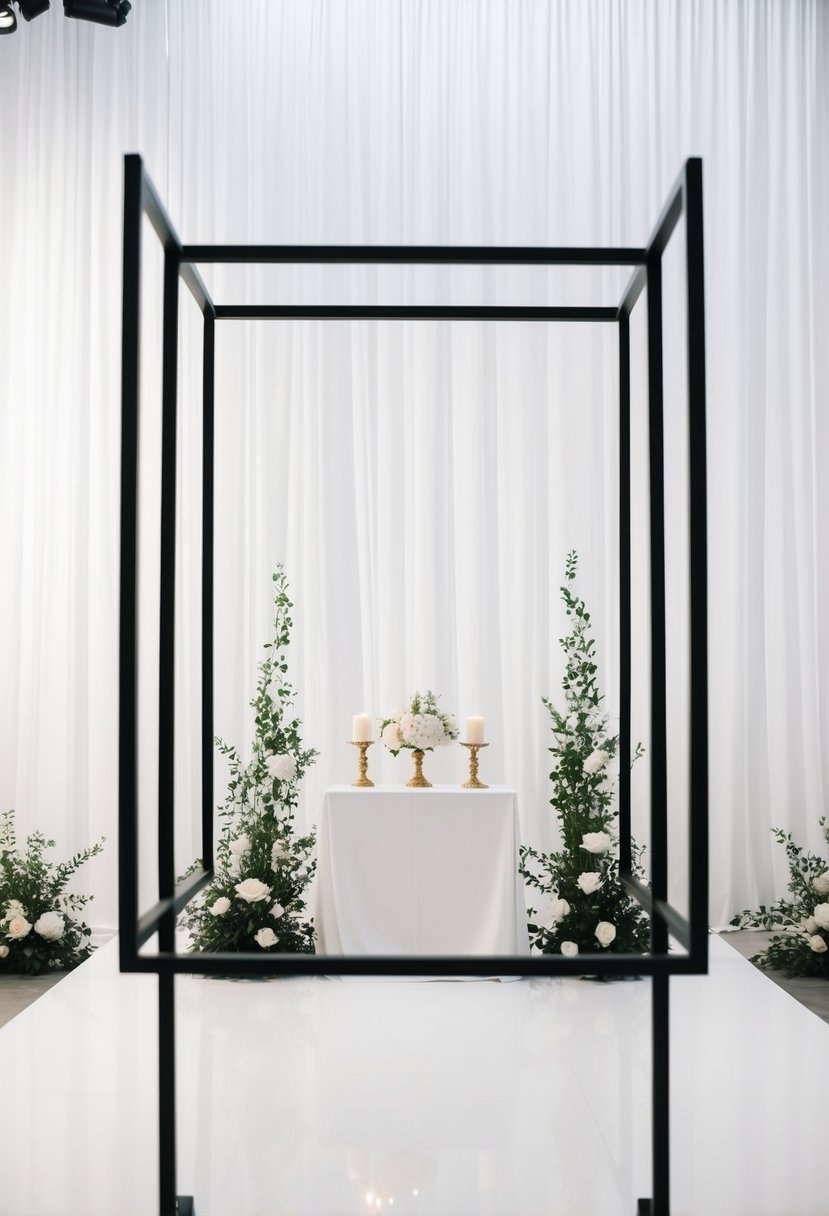 A sleek metal frame stands against a backdrop of white, with clean lines and minimal decoration, creating a modern and elegant wedding altar