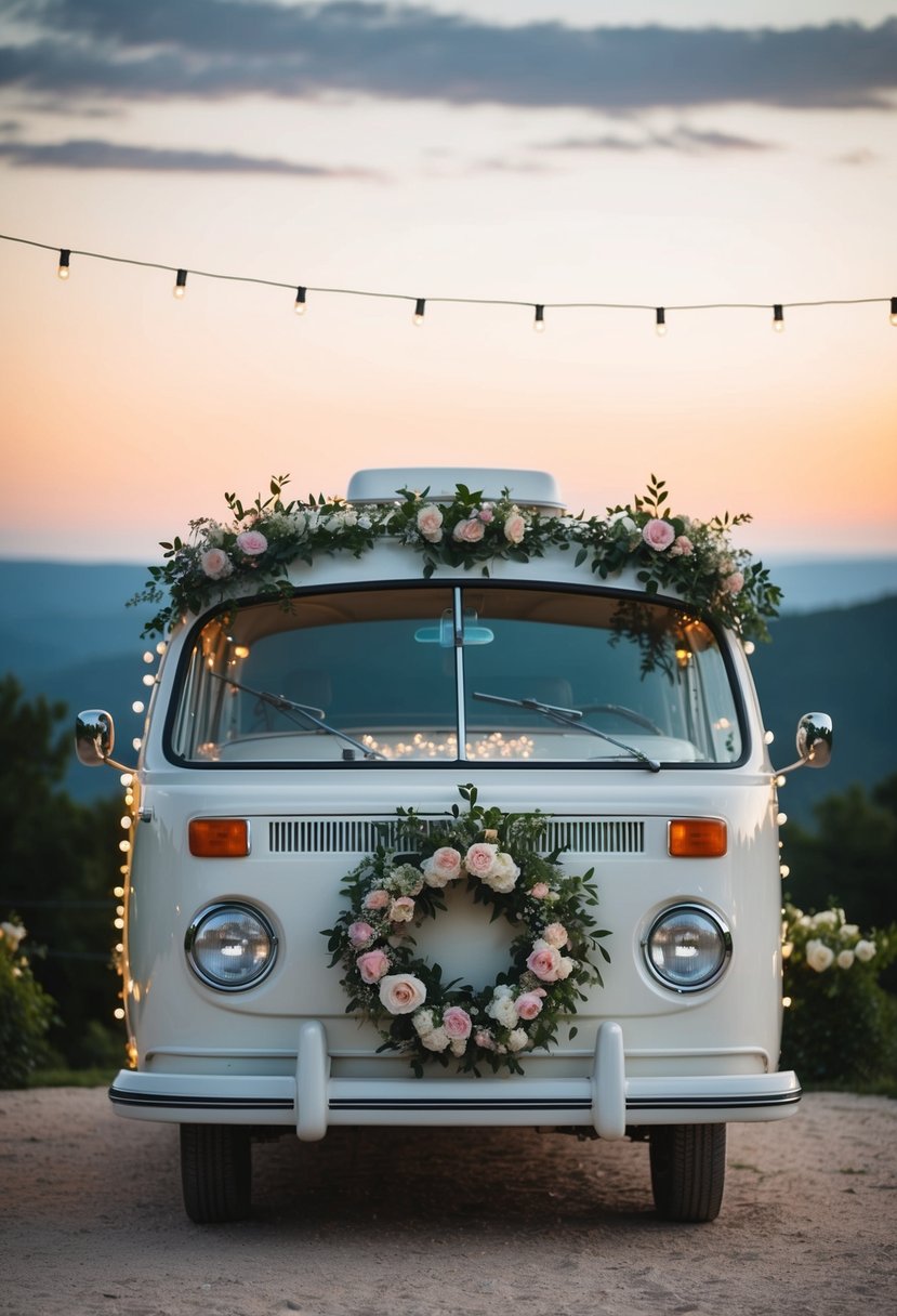 A vintage camper adorned with flowers and fairy lights, set against a scenic backdrop for an exclusive wedding ceremony