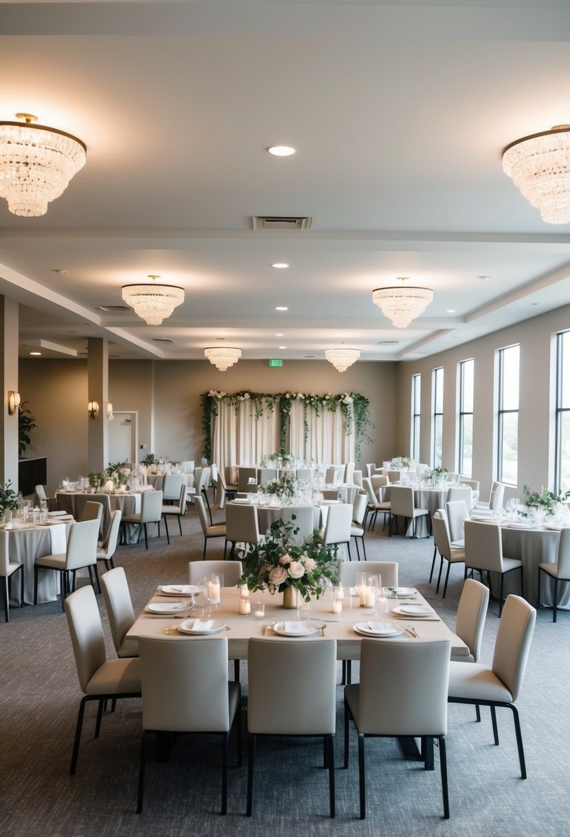 An empty venue with neutral decor, simple seating, and budget-friendly wedding decor ideas displayed throughout the space