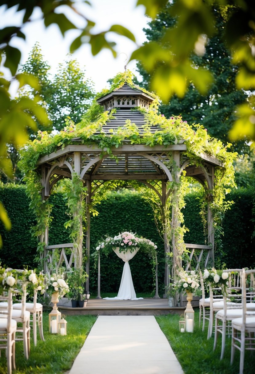 A vine-covered gazebo in a garden, adorned with flowers and greenery, serves as a romantic wedding altar