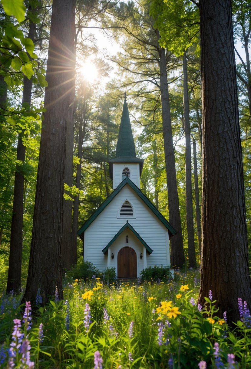 A quaint forest chapel nestled among towering trees, adorned with wildflowers and dappled sunlight filtering through the branches