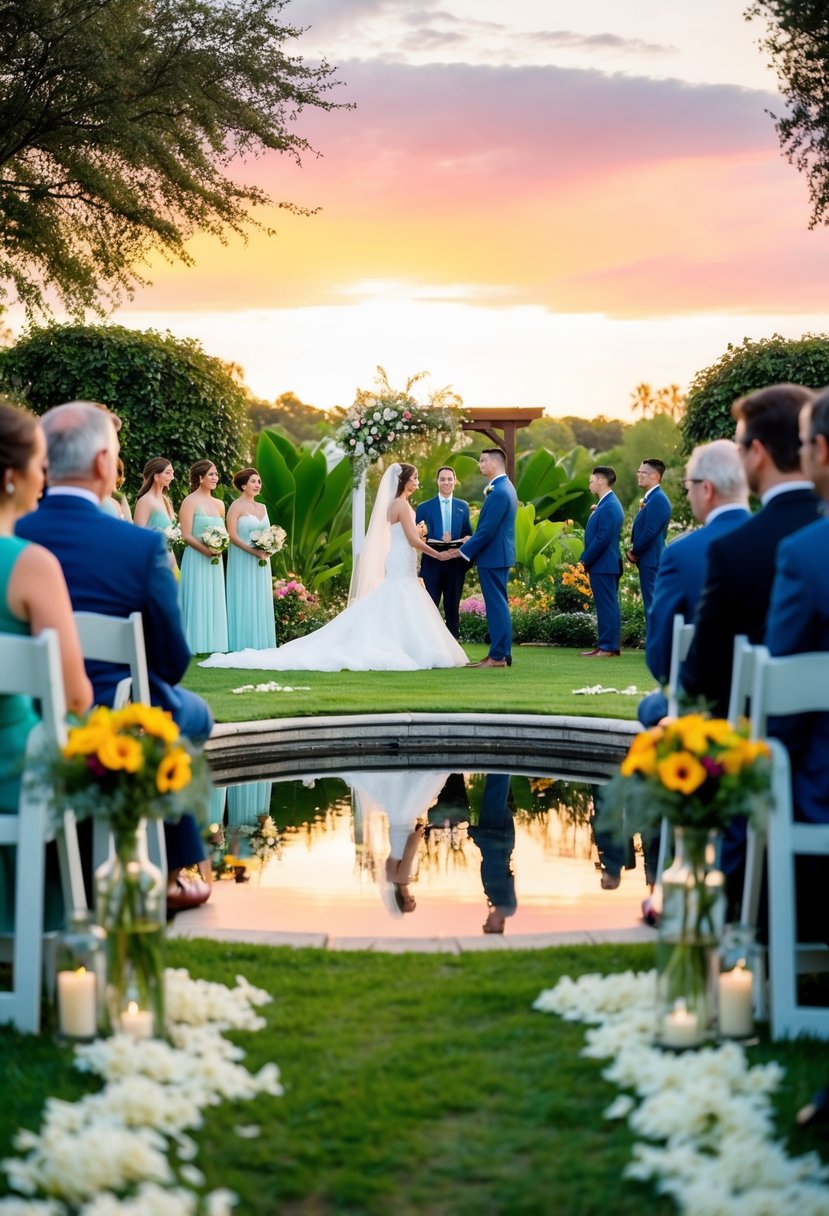 An outdoor wedding ceremony in a lush garden setting with blooming flowers, a serene pond, and a colorful sunset in the background