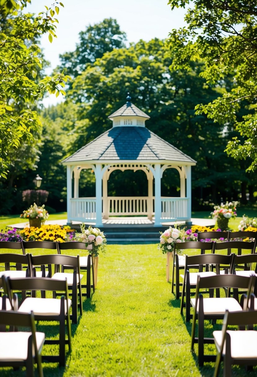 A sunny park with a gazebo, surrounded by lush greenery and colorful flowers. A small group of chairs arranged for a wedding ceremony