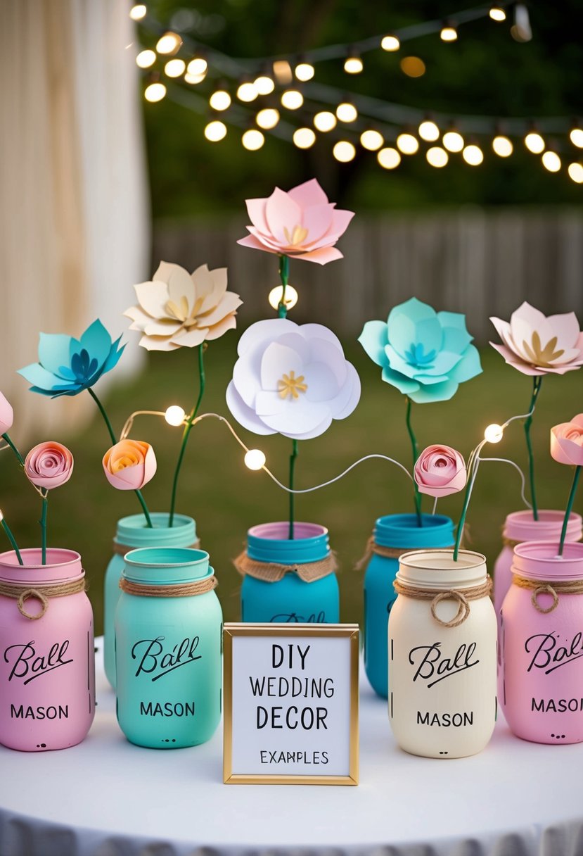 A table adorned with handmade paper flowers, string lights, and painted mason jars. A sign reads "DIY Wedding Decor" with examples displayed