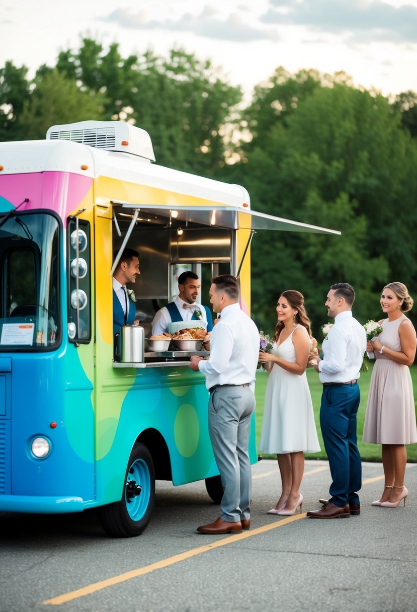 A colorful food truck parked at a wedding venue, with a line of guests waiting to be served by the friendly staff