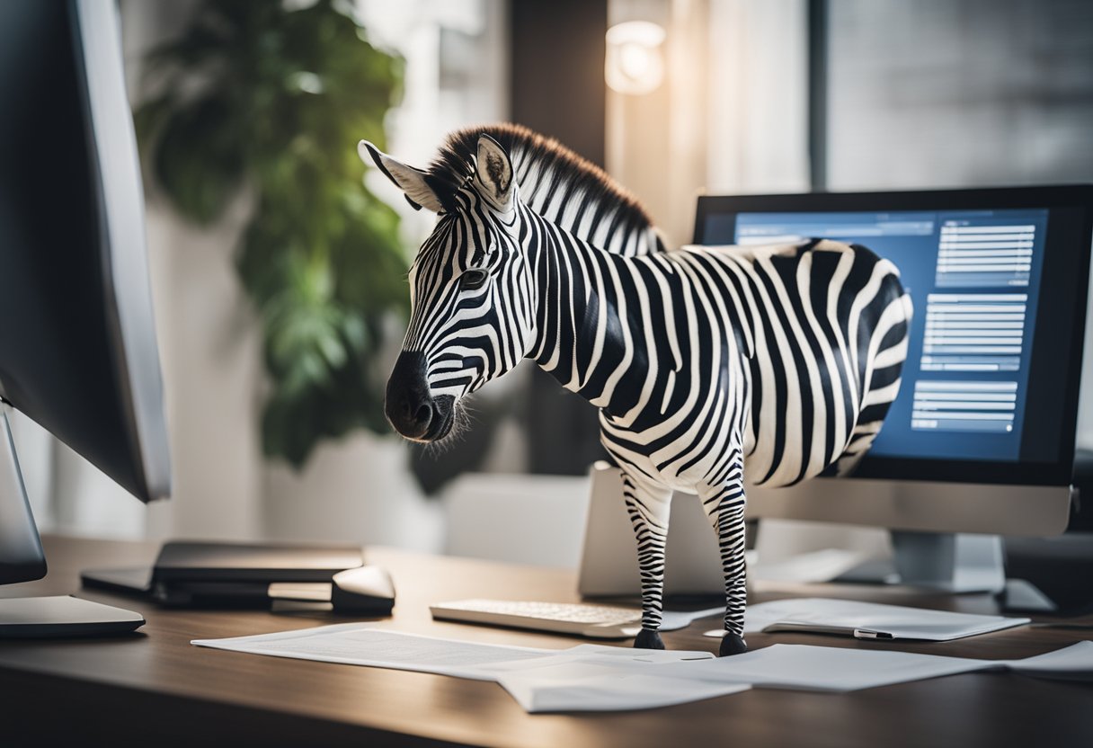 A zebra confidently stands in front of a computer screen, surrounded by various insurance documents and money-saving tips