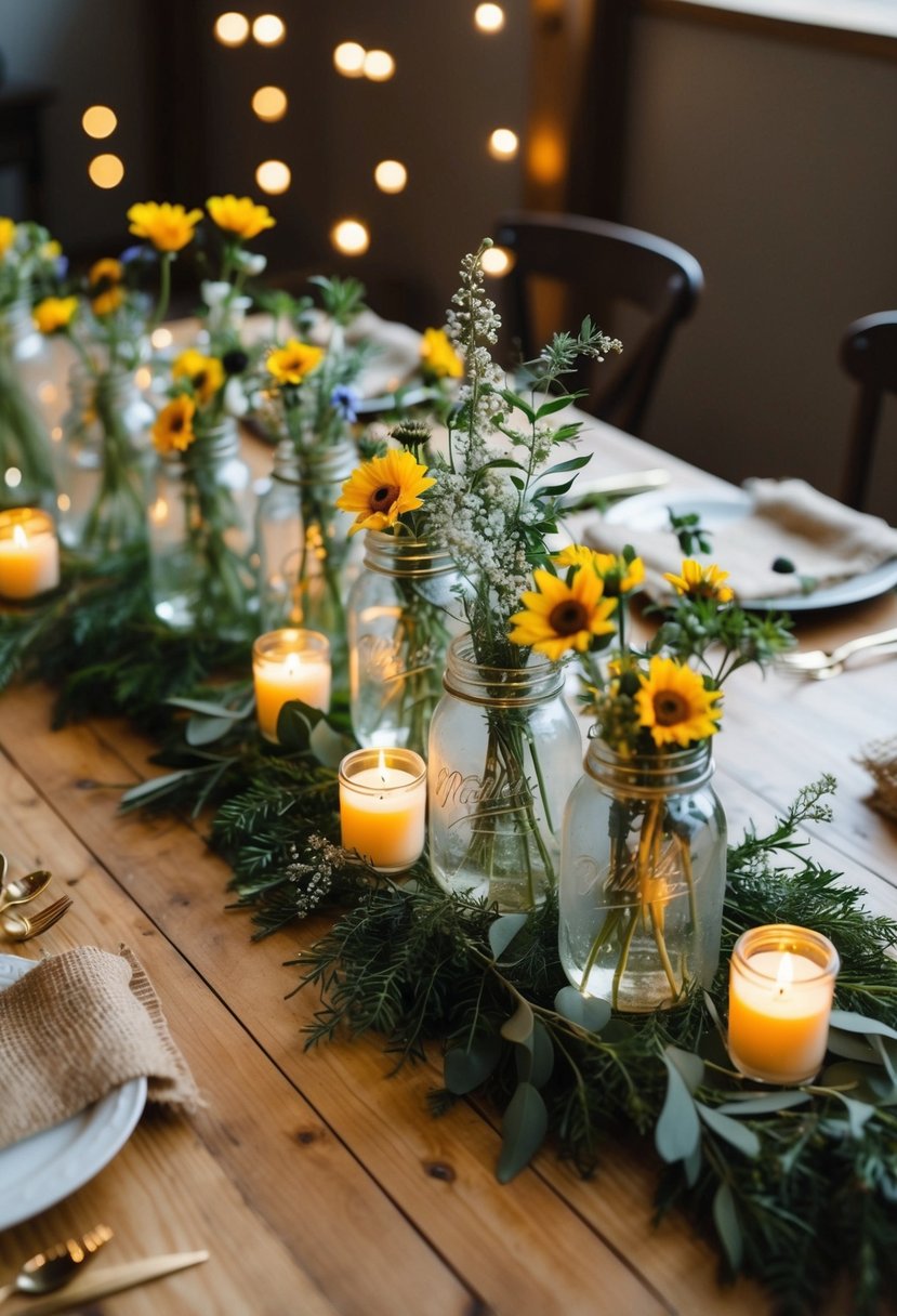 A wooden table adorned with mason jar vases filled with wildflowers, surrounded by flickering candles and scattered with greenery and burlap accents