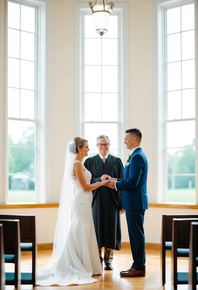 A simple courthouse wedding: a couple standing before a judge in a bright, airy room with large windows, exchanging vows and rings