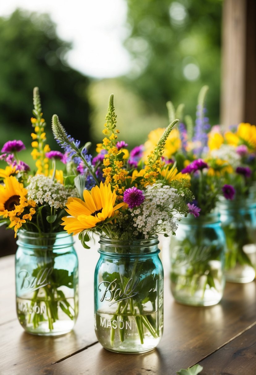 Mason jars filled with colorful wildflowers arranged on a wooden table for rustic wedding centerpieces