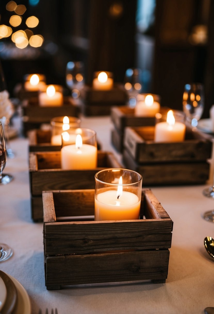 Rustic wooden crates hold flickering candles, creating a cozy wedding centerpiece