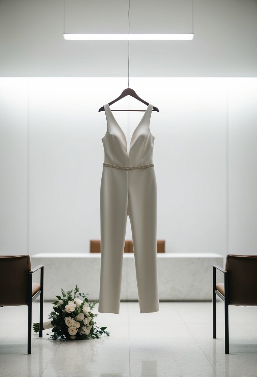 A sleek, modern bridal pantsuit hangs on a hanger in a minimalist courthouse setting, with a simple bouquet of flowers nearby