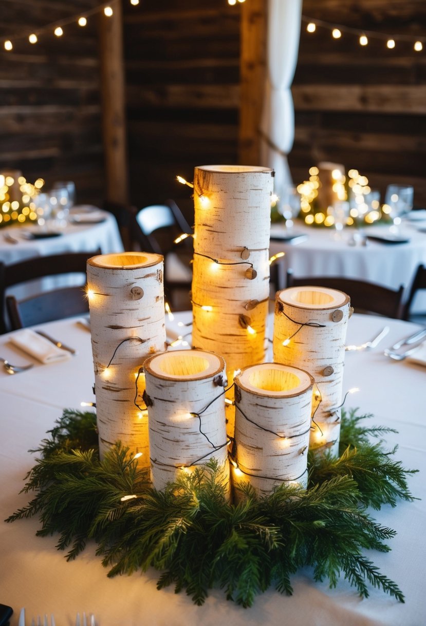 A cluster of birch wood slabs adorned with twinkling fairy lights, creating a rustic and enchanting wedding centerpiece