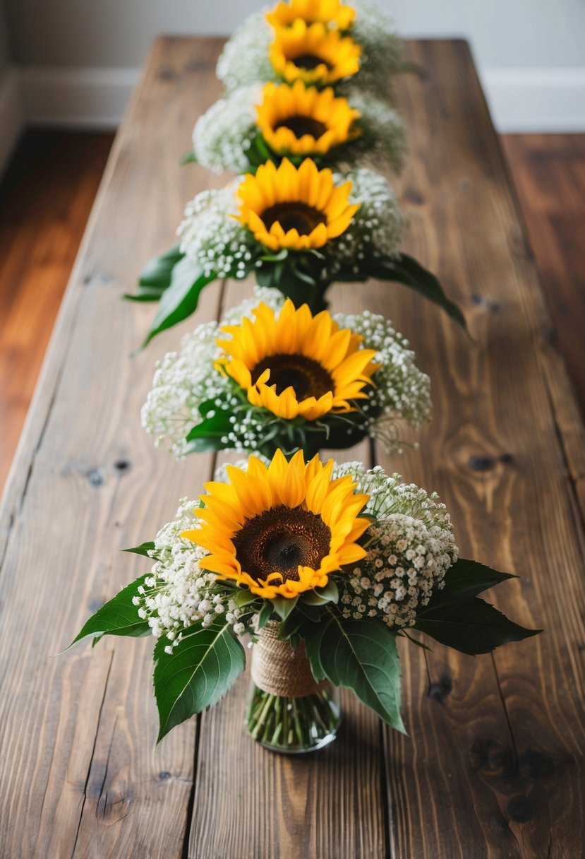 A wooden table adorned with sunflower and baby's breath arrangements, creating a rustic wedding centerpiece