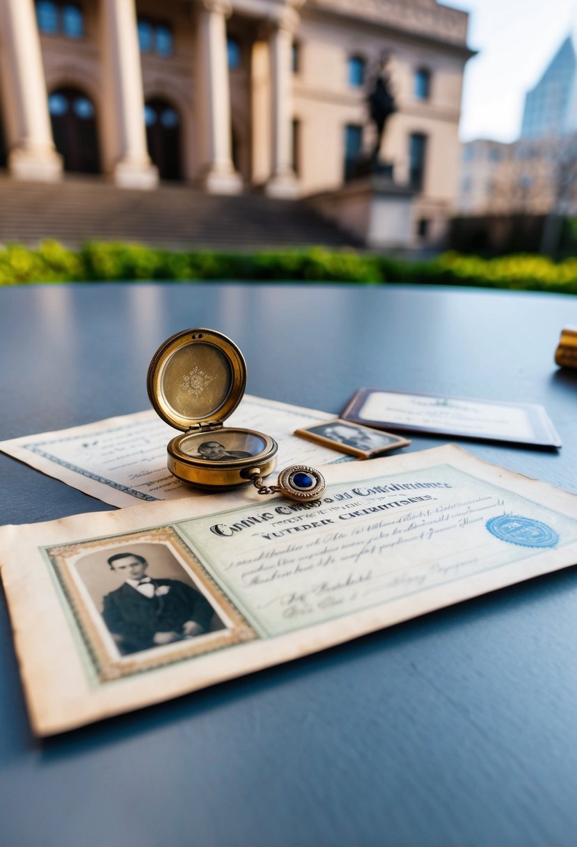 A table with a vintage locket, old photographs, and a marriage certificate. An ornate courthouse building in the background