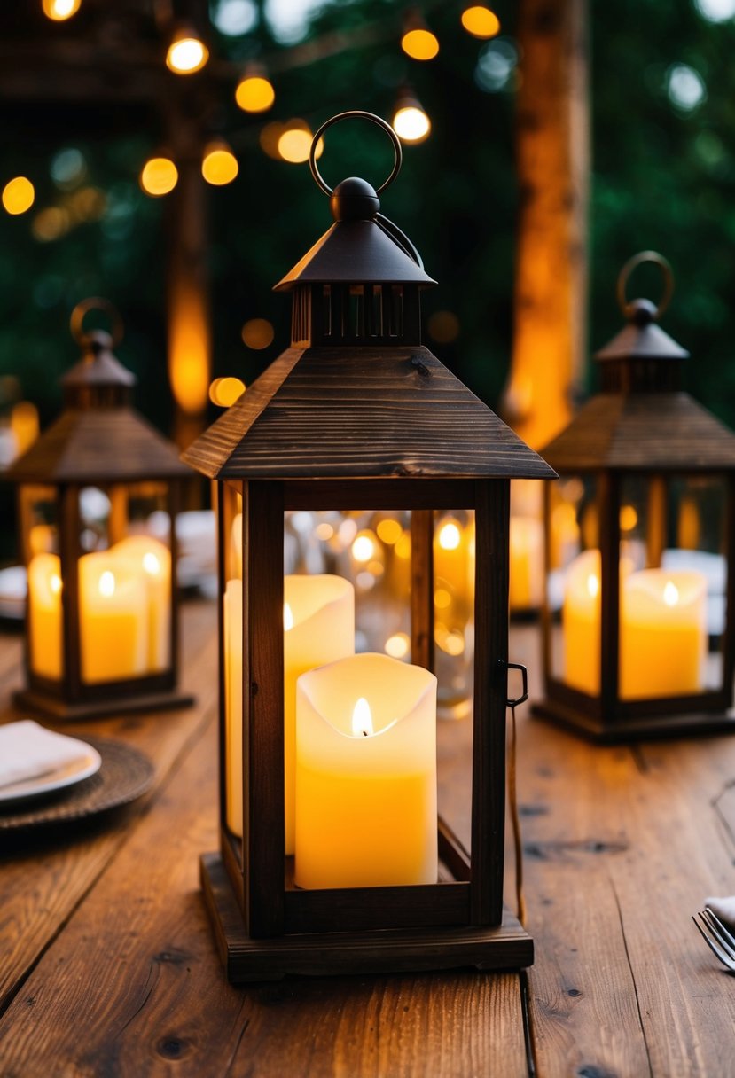 Rustic lanterns with LED candles illuminate a wooden table, creating a warm and cozy ambiance for a rustic wedding centerpiece