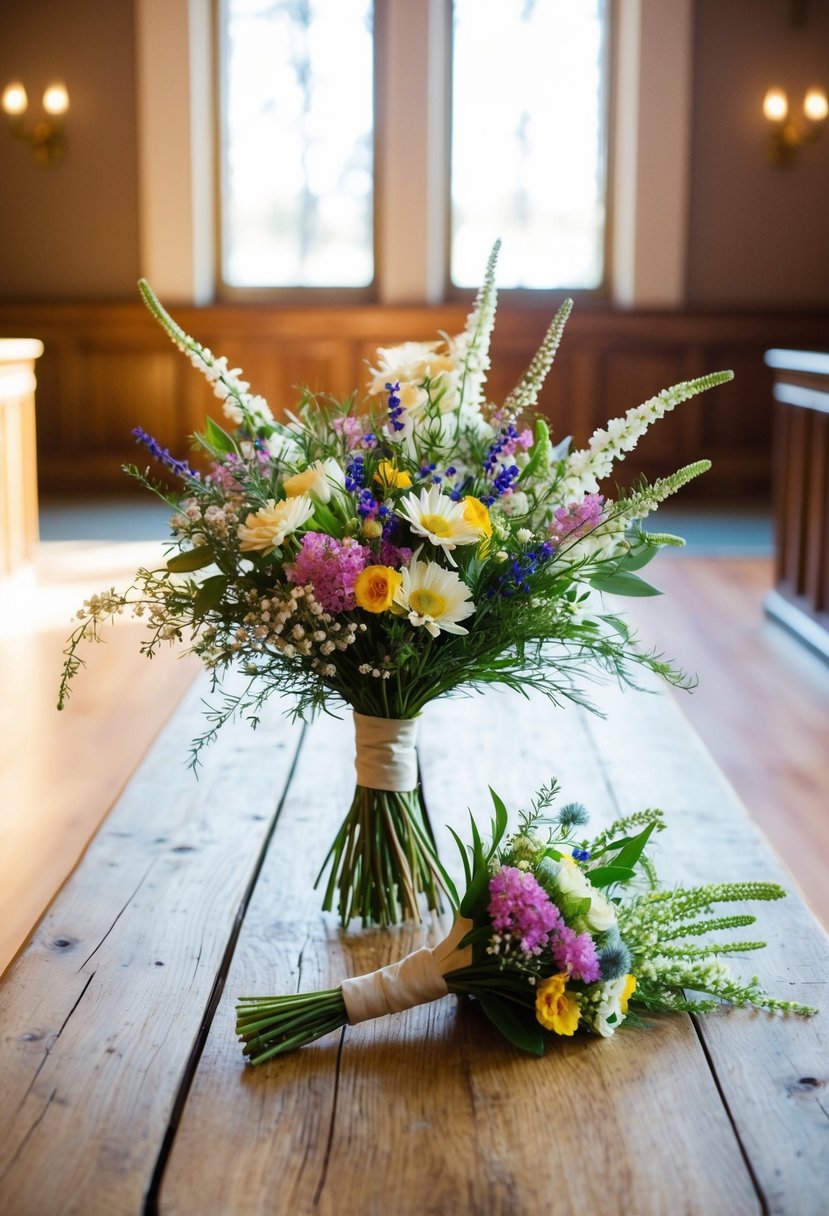 A delicate bouquet of wildflowers and a matching boutonniere arranged on a rustic wooden table in a sunlit courthouse setting