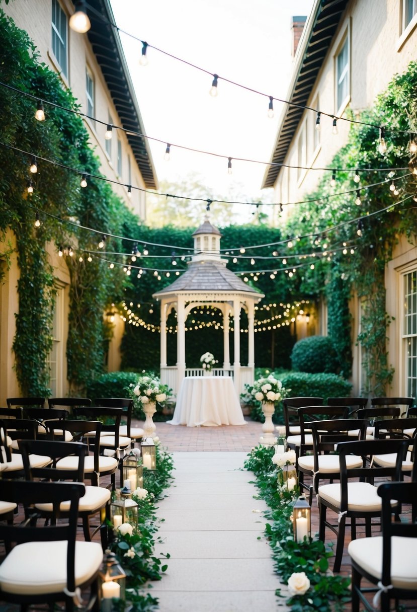 A charming boutique hotel courtyard with string lights, lush greenery, and a romantic gazebo set up for an intimate courthouse wedding ceremony