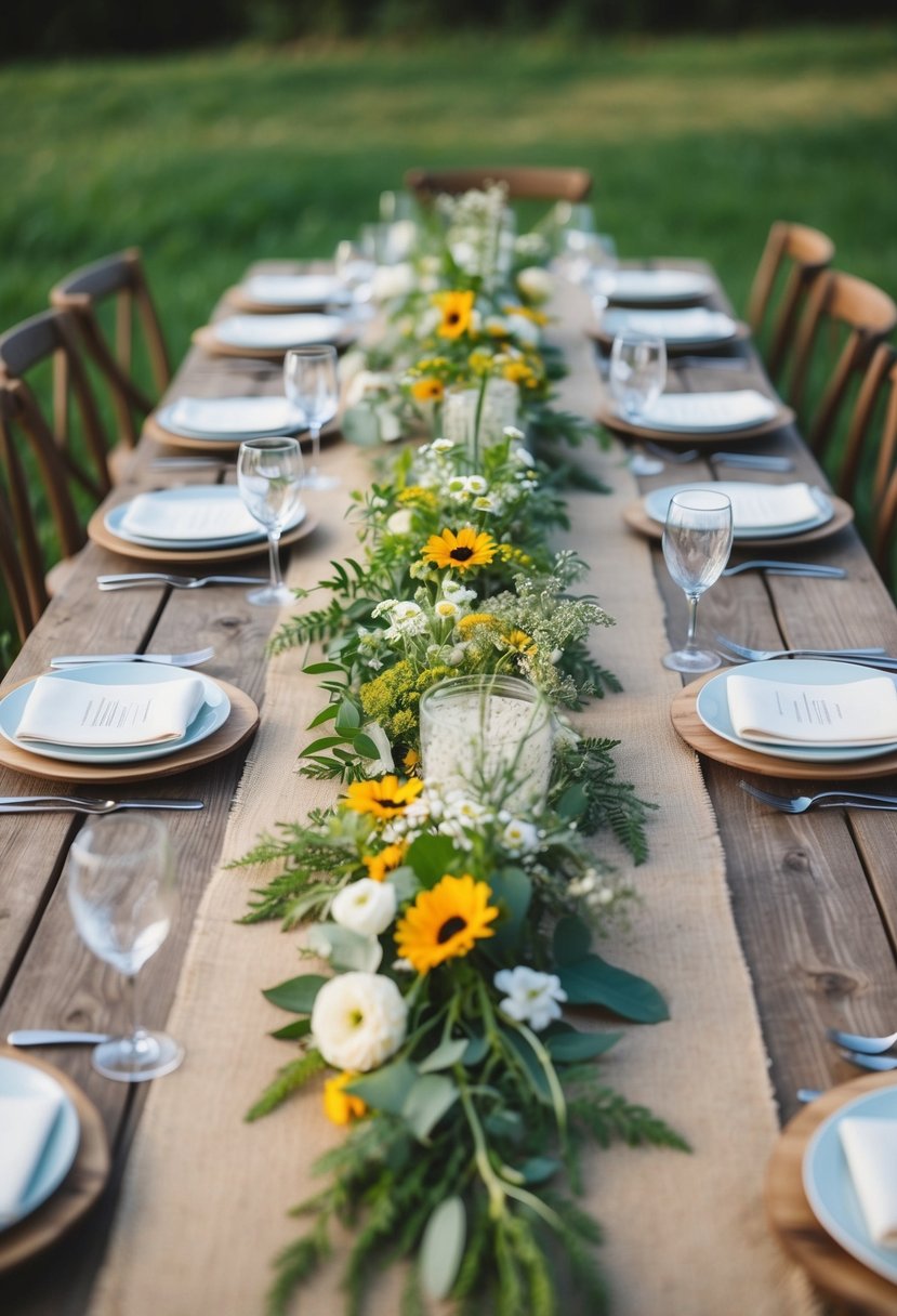 A wooden table set with burlap runners adorned with wildflowers and greenery, creating a rustic wedding centerpiece