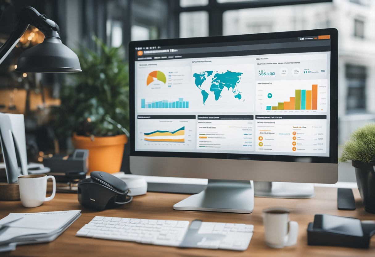 A computer screen displaying the Semrush interface with various SEO tools and data visualizations