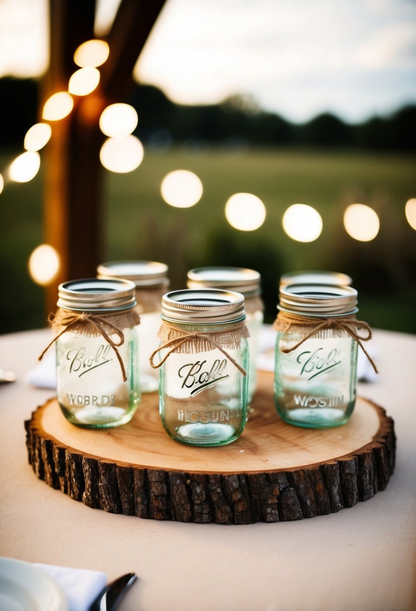 Wooden slices topped with jars and twine create a rustic wedding centerpiece