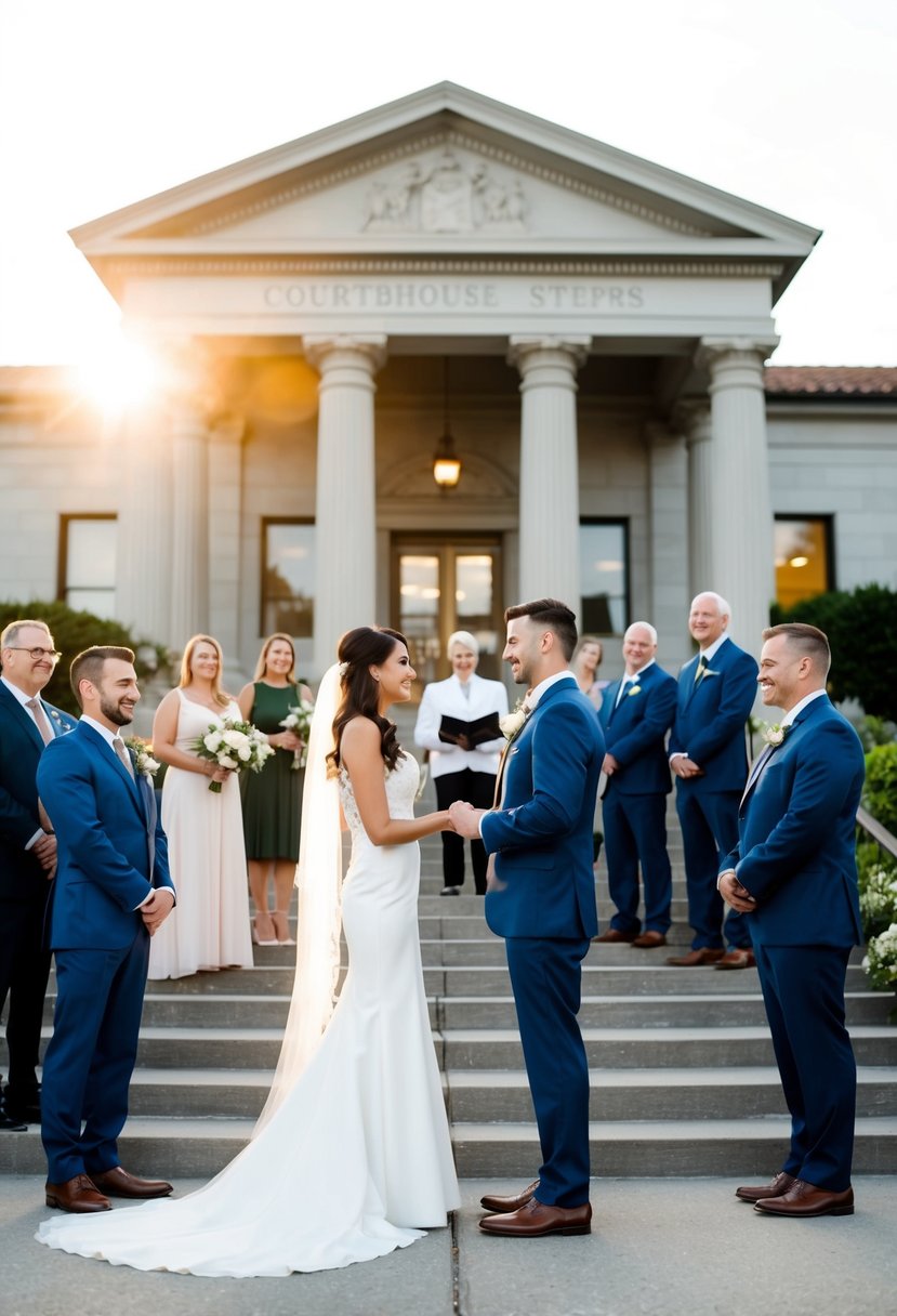 A bride and groom exchange vows in front of the courthouse steps, surrounded by family and friends. The sun sets behind them, casting a warm glow over the intimate ceremony