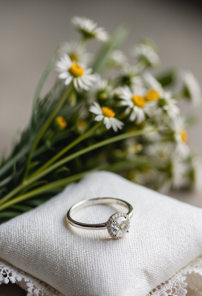 A delicate silver ring with a sparkling gem sits on a lace-trimmed pillow in front of a simple bouquet of wildflowers