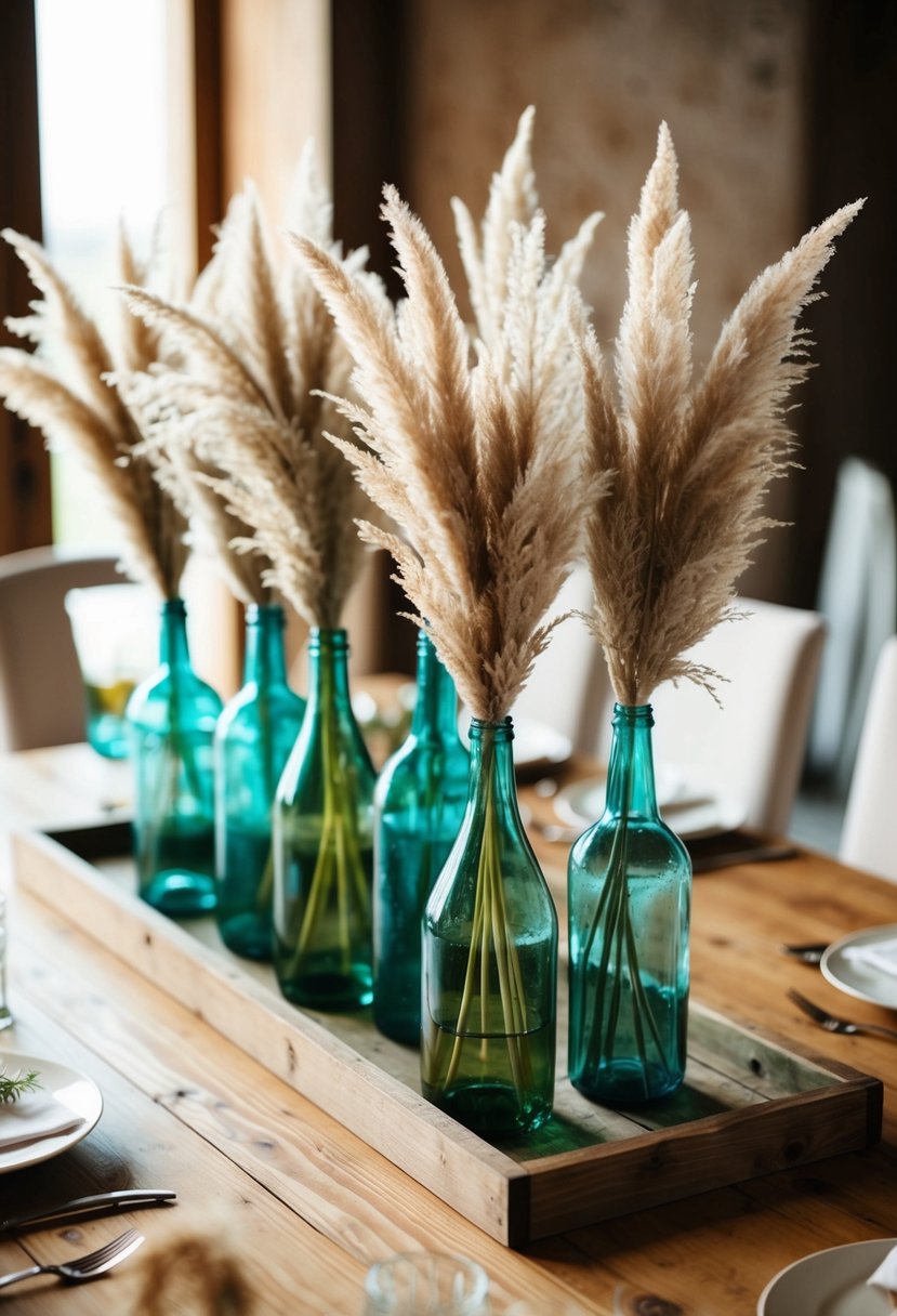 A wooden table adorned with vintage bottles filled with pampas grass, creating a rustic wedding centerpiece