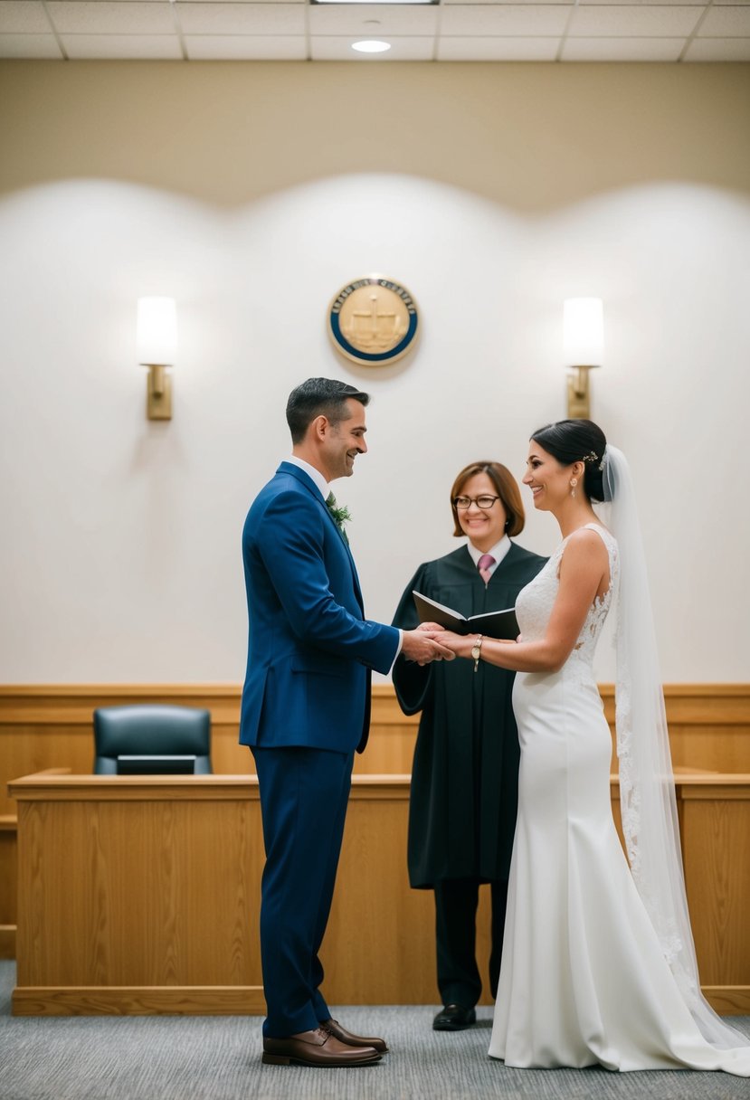 A couple stands before a judge in a simple courthouse setting, exchanging personalized vows. The room is adorned with minimal decor, creating an intimate atmosphere