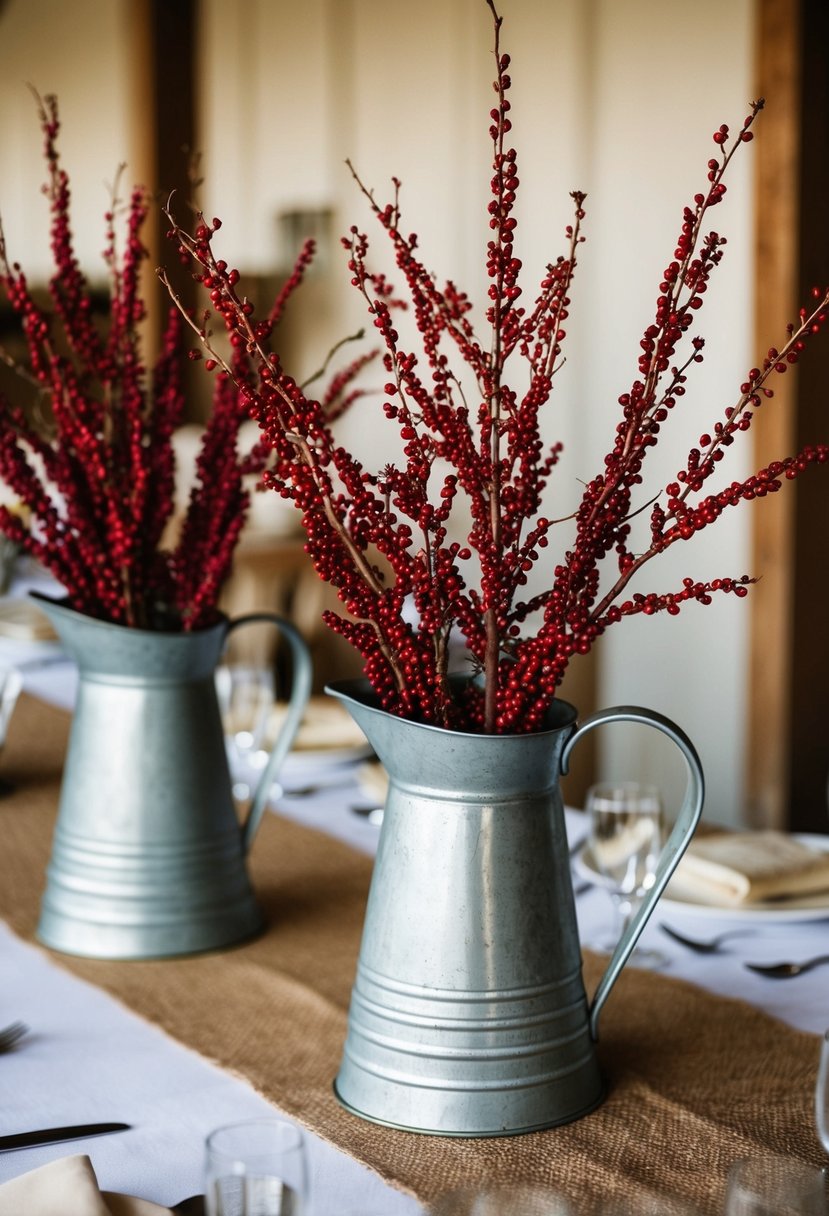 Metal pitchers filled with mulberry branches arranged as rustic wedding centerpieces