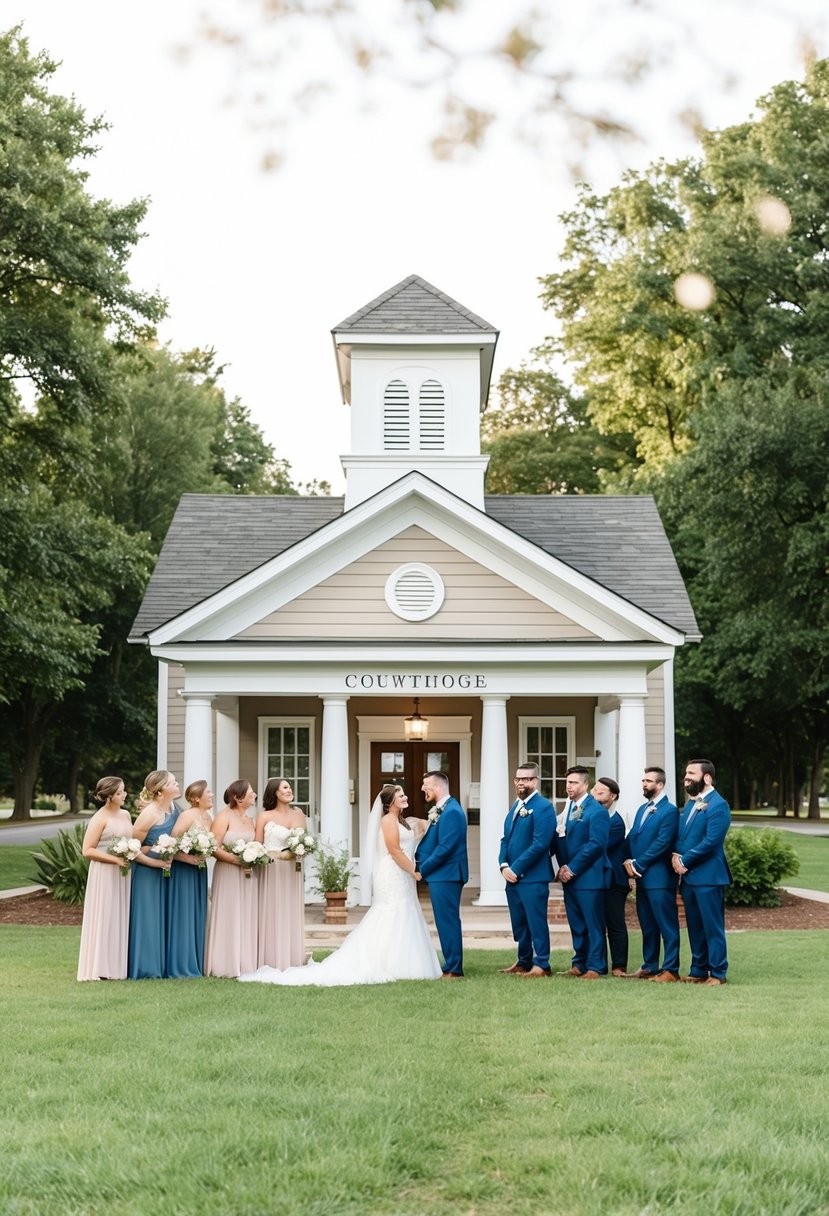 A small courthouse with a simple wedding setup, surrounded by close family and friends, with a celebratory atmosphere