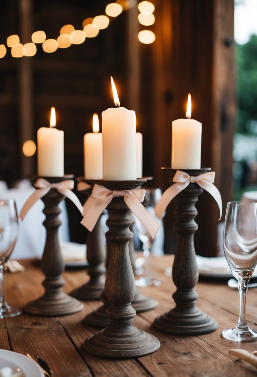 Rustic candlesticks adorned with ribbons on a wooden table centerpiece