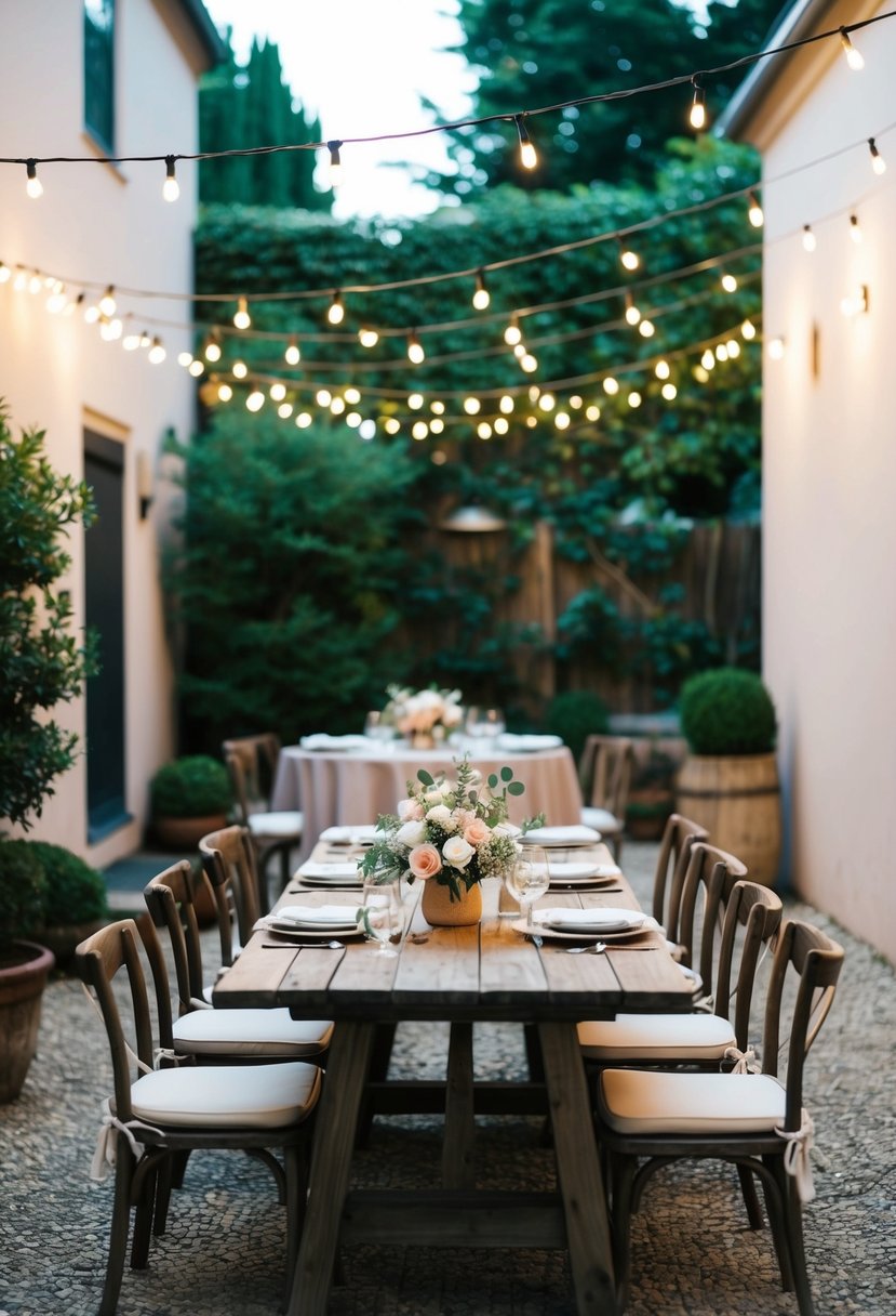 A cozy courtyard dinner with string lights, a rustic wooden table, and simple floral centerpieces