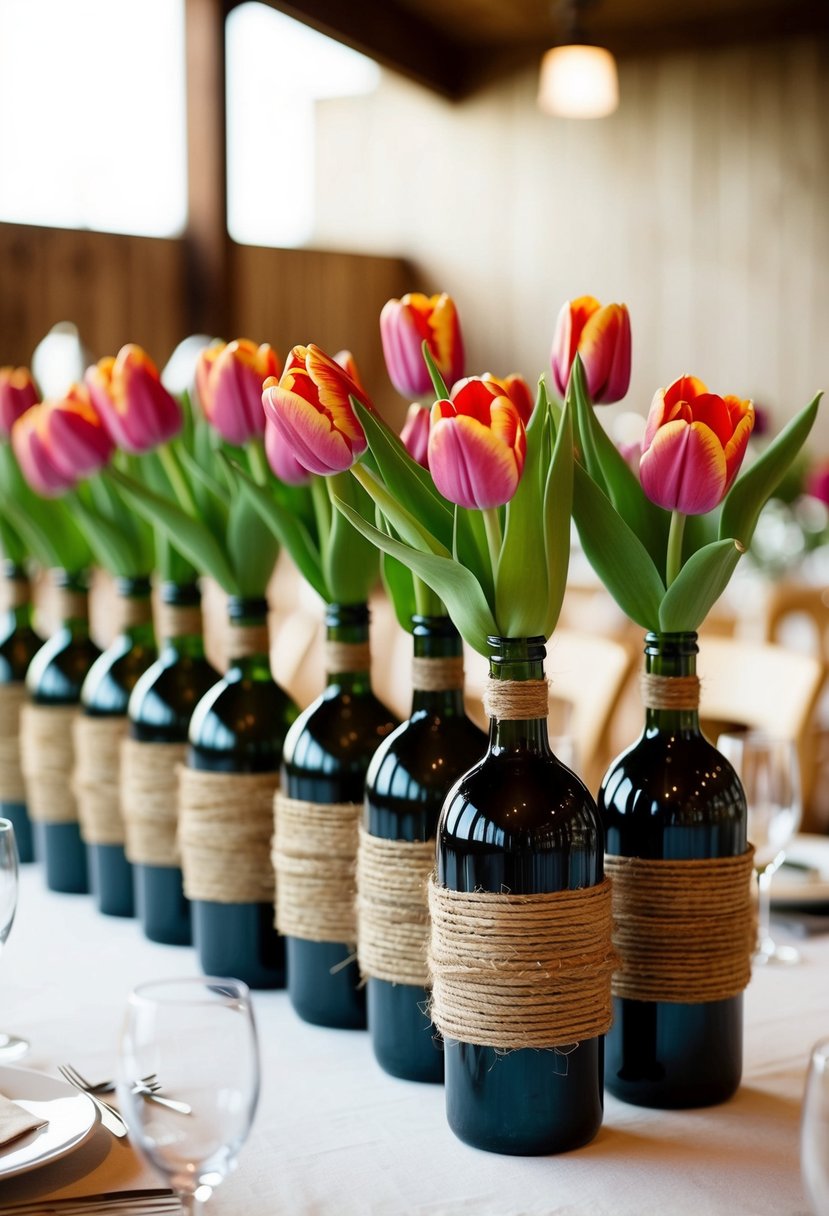 Twine-wrapped wine bottles holding tulips arranged as rustic wedding centerpieces