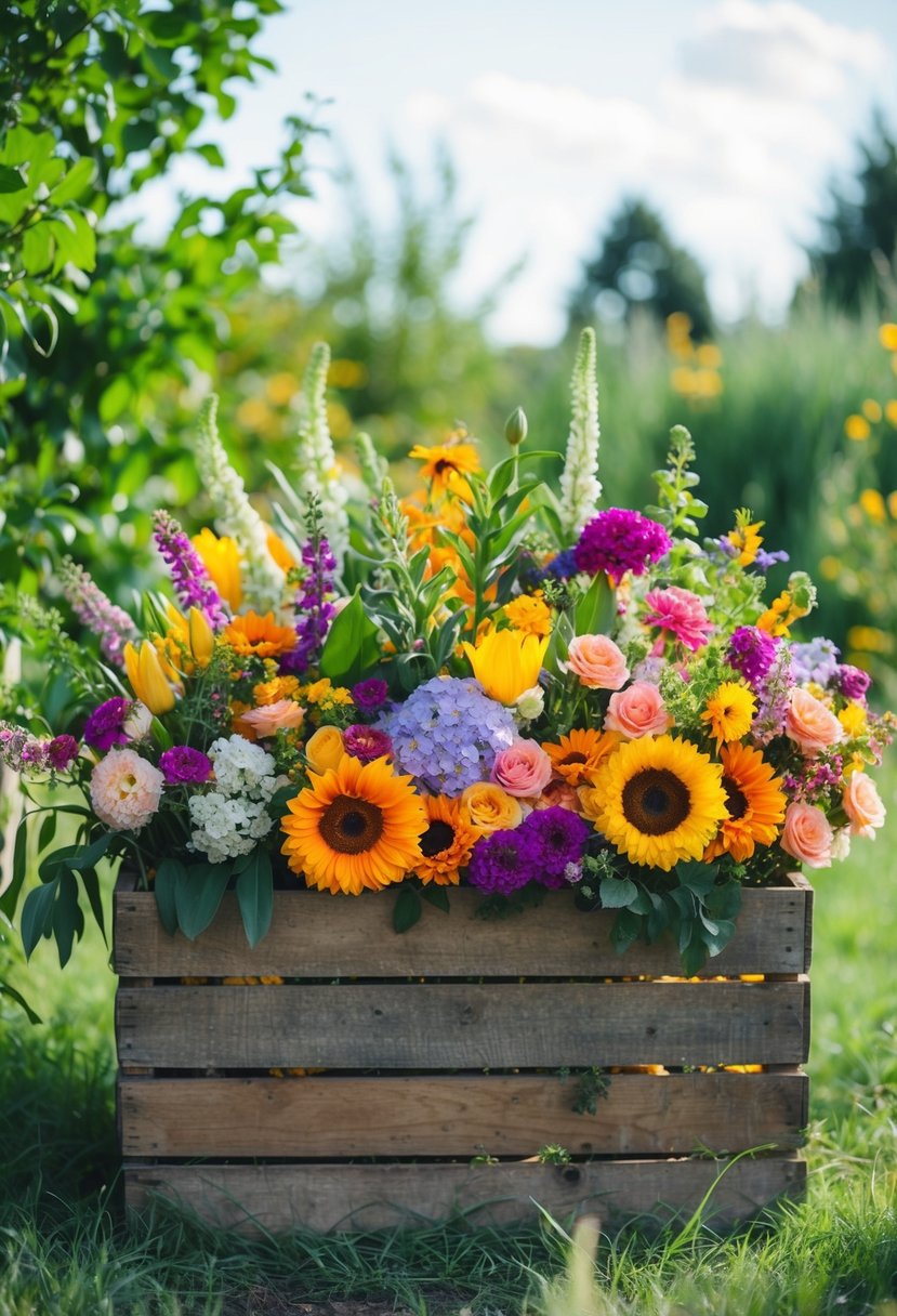 A colorful array of assorted fresh flowers fills a large, rustic wooden crate, surrounded by greenery and natural light