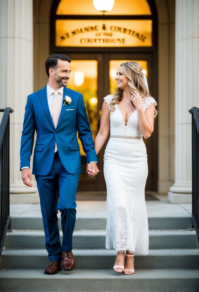 A couple walks hand in hand out of the courthouse, smiling and embracing, as the lyrics of their meaningful song fill the air