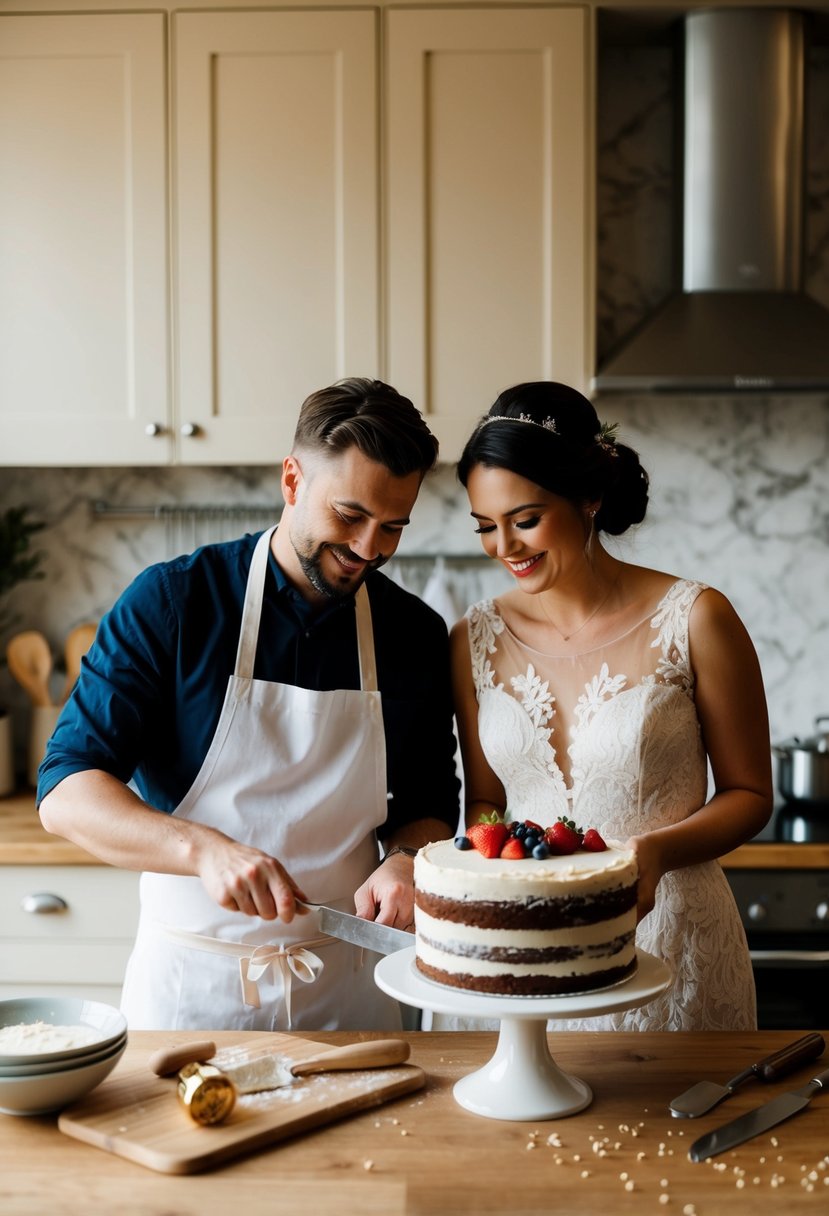 A couple baking a wedding cake together in a cozy kitchen