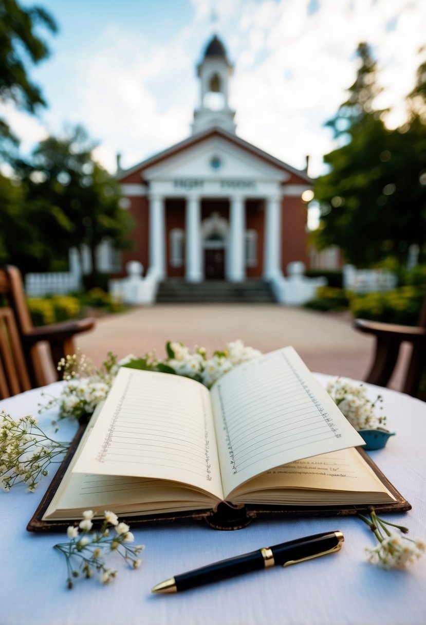 A vintage guest book open on a table, surrounded by delicate flowers and a pen, with a backdrop of a quaint courthouse