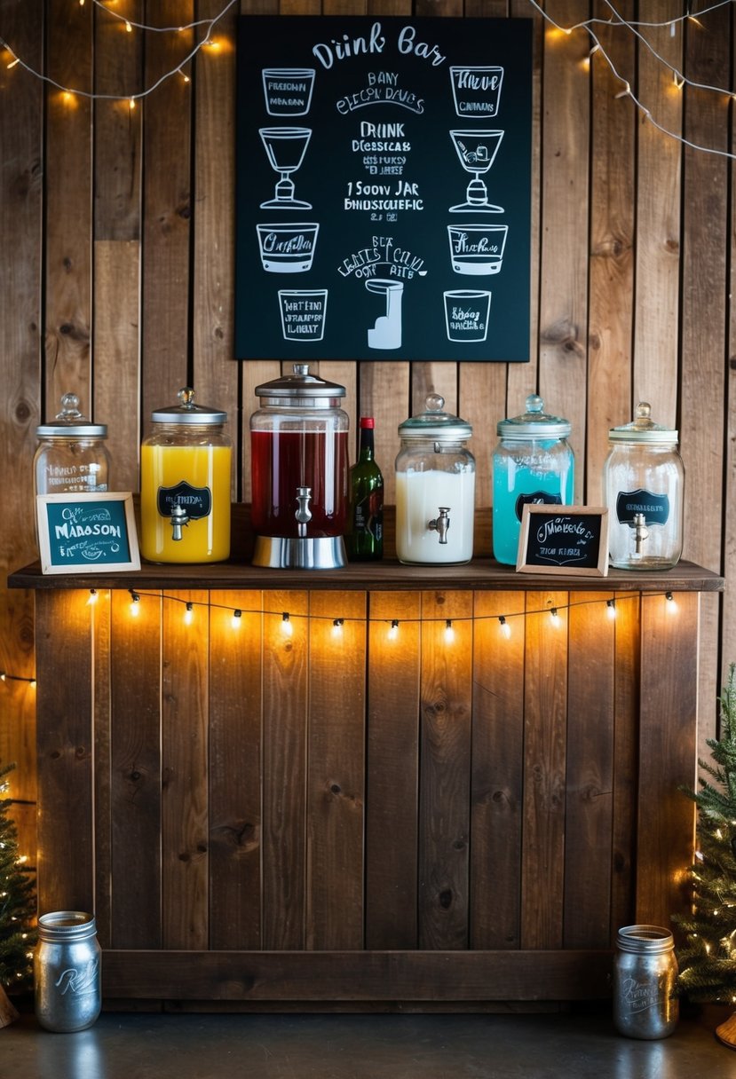 A rustic wooden bar with a variety of drink dispensers, surrounded by mason jar glasses, fairy lights, and chalkboard signs