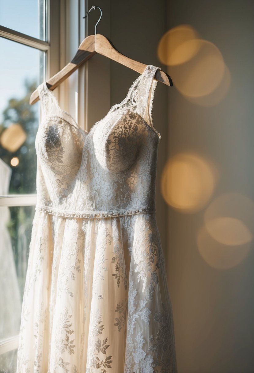 A vintage lace wedding dress hanging on a rustic wooden hanger. Sunlight streaming through a window casts a soft glow on the delicate fabric