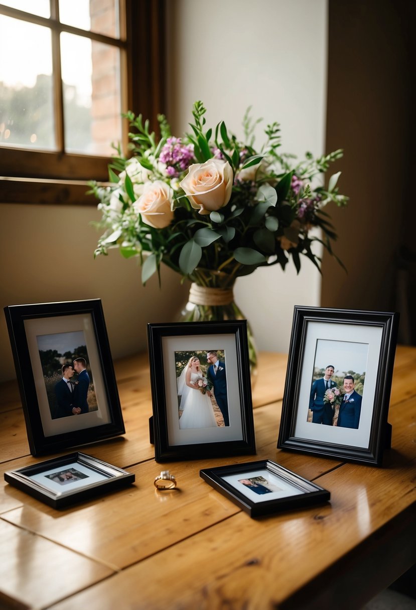 Framed photos arranged on a wooden table, with a bouquet of flowers and a wedding ring. Light streams in through a nearby window, casting a warm glow over the scene