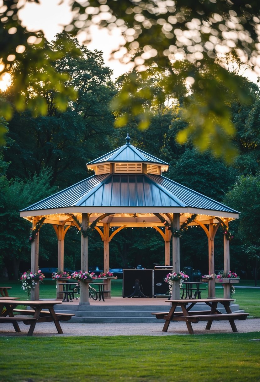 An outdoor park with a gazebo adorned with flowers and fairy lights, surrounded by picnic tables and a small stage for live music