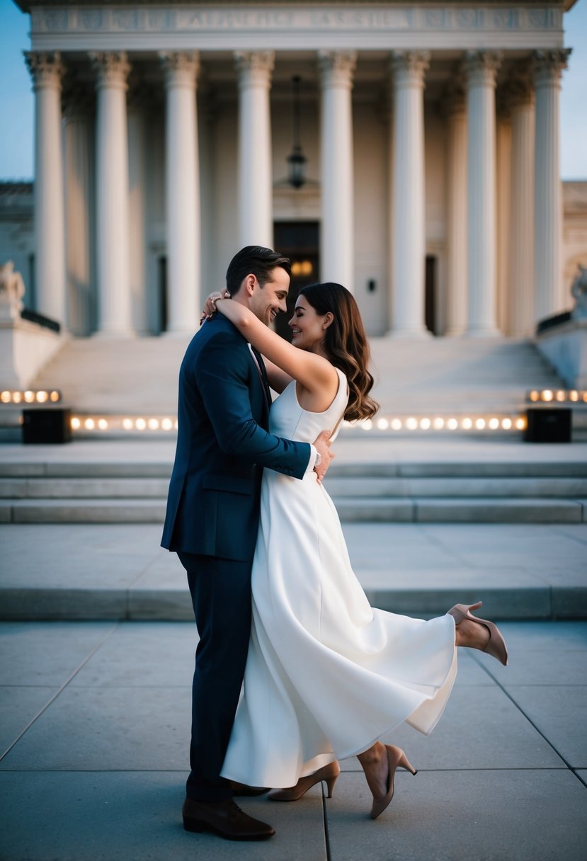 A couple dancing in a courthouse with a playlist in the background